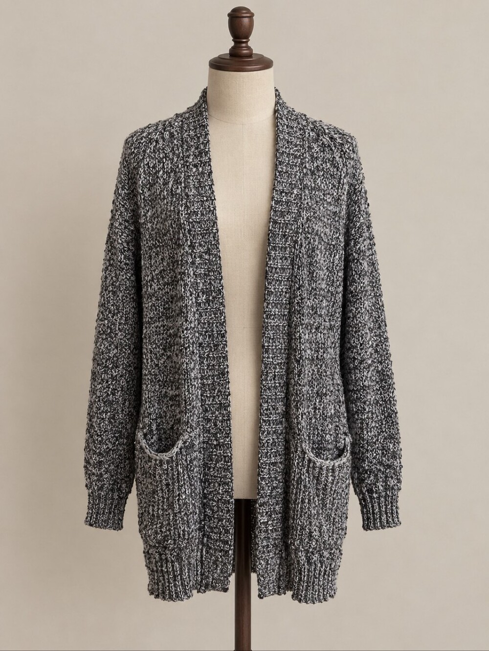Bluenotes Cozy Open-Front Black & White Marled Cardigan Sweater - Size XL